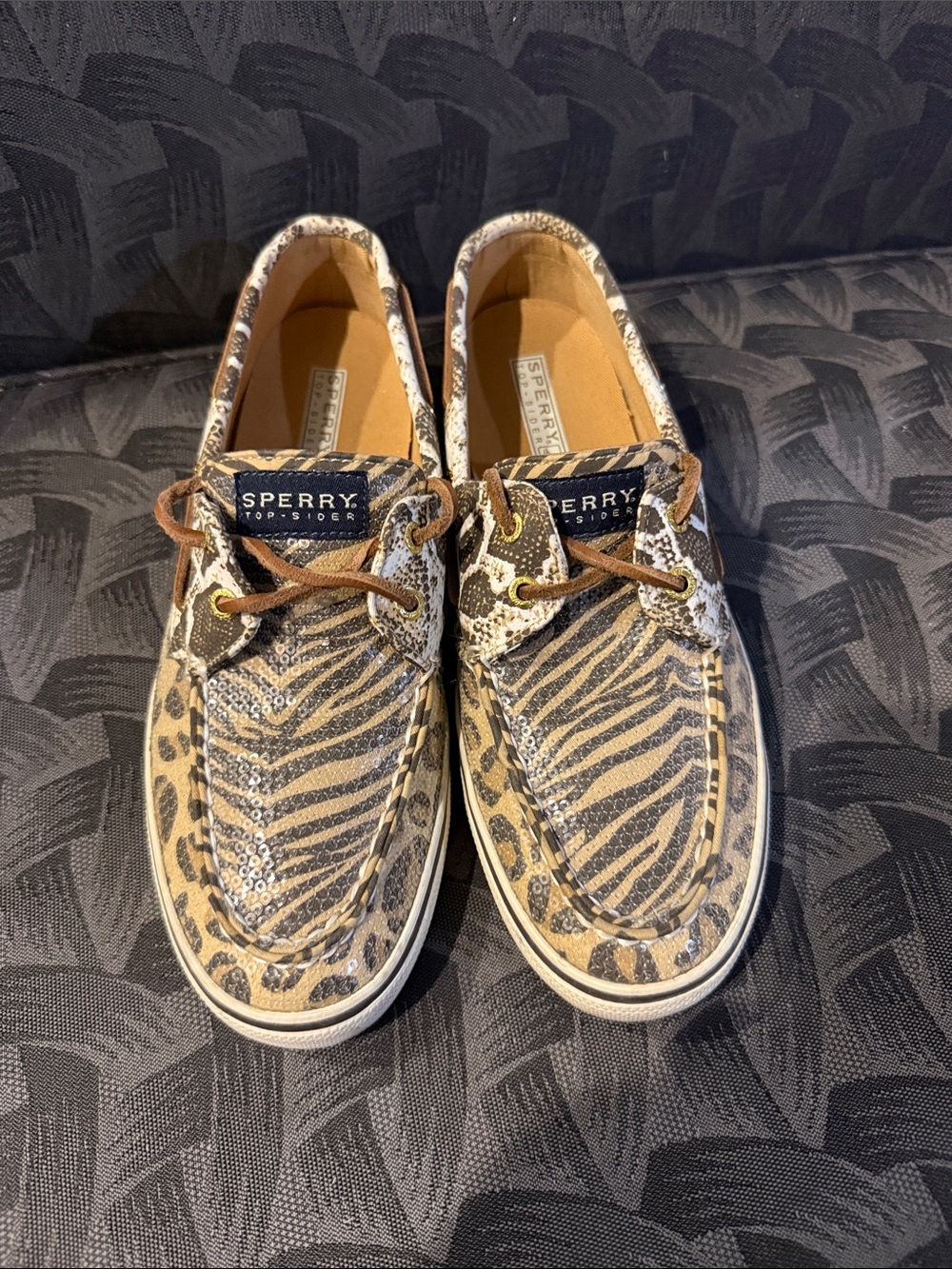Sperry Top-Sider Women’s Sequin Leopard Animal Print Boat Shoes Size 8 Brown Tan - Picture 2 of 7